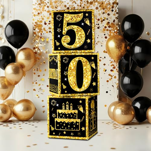 Scatole decorative per il 50° compleanno per uomini, 3 pezzi scatole con palloncini nero oro “Happy 50th Birthday”, articoli per feste di 50° compleanno per uomini e donne