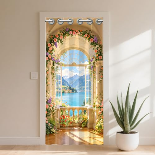 CONCHLERY Cortina para puerta de jardín con diseño de flores y ventanas, poliéster, 100 x 200 cm, con anillos de plástico, para marcos de puertas, separadores de habitaciones, dormitorio, sala de