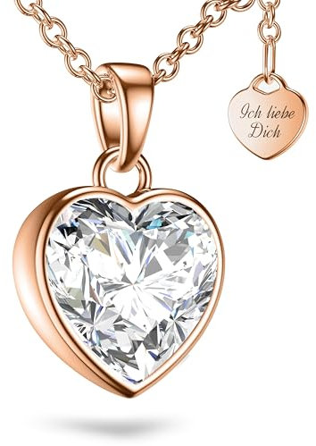 Herzkette Halskette Damen Rosegold (Silber 925 vergoldet) Kette mit Zirkonia Herz-Anhänger Ich liebe Dich (45-50cm) Schmuck Geschenke für Frauen Sie Freundin mit Gravur zum Jahrestag Liebesgeschenk