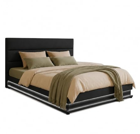 MB Muebles Bonitos | Cama de Matrimonio Nitas para Colchón de 150x190 cm | Luz LED | Canapé Abatible | Somier de Láminas | Estructura de Madera tapizada en Polipiel | Color Negro