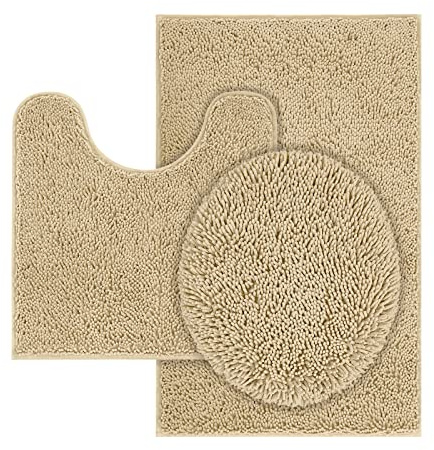 TREETONE Chenille Bath Mat 3 Pieces Bathroom Rugs Set, 20x20 Inches U-Shape Contoured Toilet Mat & 20x32 Inches Rug & Lid Cover,Water Absorbent Plush Rugs for Tub Shower & Bath Room -Beige