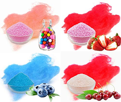 4x100g Aromazucker mit Geschmack. Bubble - Gum, Erdbeer, Heidelbeere, Kirsche bunter farbiger Zucker für Zuckerwatte, Popcorn und zum Dekorieren. Premium Zucker Set für die Zuckerwatte Maschine