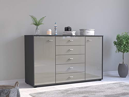 WIEMANN Rialto Kommode, Kombikommode, mit Schubladen, für Schlafzimmer, Sideboard, Breite 141 cm, Glas Kieselgrau, graphit, Griffe silber, Holz, B/H/T 141 x 86 x 43 cm