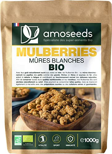Mûres Blanches Bio 1KG | White Mulberries Séchées, Sans sucre ajouté | Qualité Supérieure | Savoureuses, Encas sains, Sport, Énergie.…