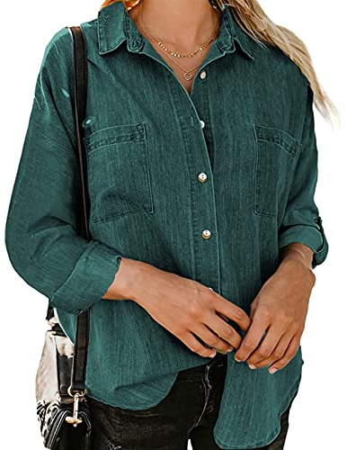 Sawmew Jeansskjorta Långärmad Jeansblus Med Knäppning För Kvinnor Mode Vår Höst Lätt Jeansjacka Med Fickor (Color : Dark green, Size : XXL)