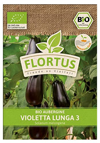 FLORTUS BIO Aubergine Violetta Lunga 3 | Gemüsesamen | Auberginensamen | Samen zur Anzucht für Garten, Balkon, Küche & Fensterbank