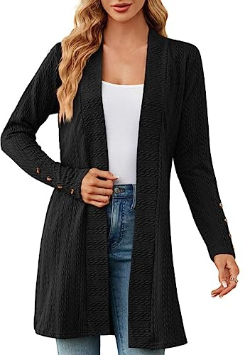 Cardigan long décontracté pour femme - Longueur moyenne - Couleur unie - Avec boutons - Automne - Manches longues - Veste fine et légère - Manteau en tricot chaud et élégant, Noir , L