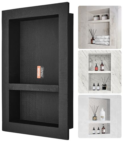 VEVOR Shower Niche Ready for Tile 40.64 x 60.96 cm, Double Shelf Organizer, Square Corners Wall-inserted Niche Recessed, Sealed Protection Modern Soap Storage Niche for Shower Bathroom, Black