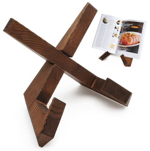 Recipe Book Stand for Kitchen, Wooden Cookbook Holders Removable, Vintage Hands Free Reading Stand, Rustic Recipe Tablets Holder for Magazines and Musical Score