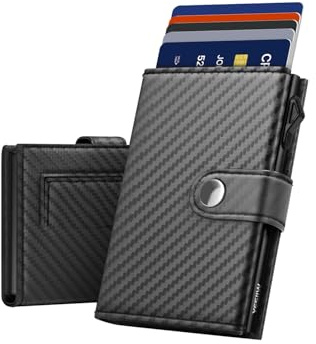 YESIIW Credit Card Holders Wallets for Men RFID Blocking Leather Minimalist Smart Pop Up Trifold Wallet with Magnetic Coin Pocket, Button Closure, Holds Up to 9 Cards, 2 ID Window(Carbon Fiber)