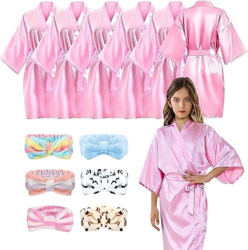 TESIN 12 albornoces de spa para niñas, 6 batas de baño kimono de satén rosa con 6 cintas para el cuidado de la piel para salón, boda, cumpleaños, fiesta, accesorios, talla 6, 116-120, Rosa., 104