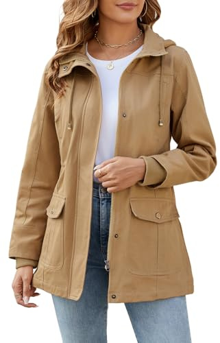 Tuopuda Jackets for Women UK Stand-Up Collar Parka Military Jackets Anorak Utility High Waist Drawstring Zip Up Hood Coat for Spring Summer Autumne, Khaki, L