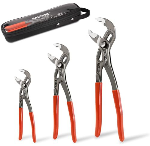 HAUTMEC Juego de 3 alicates para bomba de agua (180 mm, 250 mm y 300 mm), juego de herramientas de lengüeta y ranura ajustables rápidamente, mandíbula en V con agarres cómodos, alicates de acero CRV a