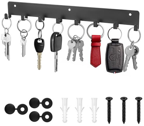 QJKEJI Key Holder for Wall, Key Hooks Wall Mounted, Keys Racks, Black Metal Keys Hooks Hangers with 8 Hook Heavy Duty for Hallway Kitchen Bedroom Living Room Bathroom Office