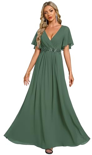 Ever-Pretty Vestito Donna Elegante Scollo a V Maniche a Volant Stile Lungo Abito Cerimonia Donna Verde eucalipto 46