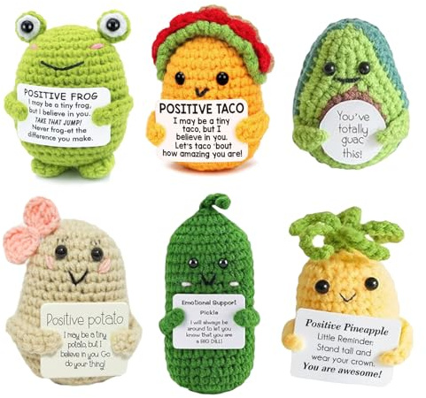 UNCLEM 6PCS Mini Emotional Support Nuggets Positive Crochet Animals Set Potatos Pickle Taco Frog Funny Inspirational Gifts for Women Men Coworker, Cute Birthday Gifts, College, Office Desk Decor