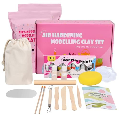 Ton Töpferset für Zuhause, 2 kg ufttrocknender ton für Erwachsene 24-teiliges DIY Creative Set Bastelspaß Geschenke Bastelset für Zuhause with Werkzeuge Farben Pinsel brennt nicht
