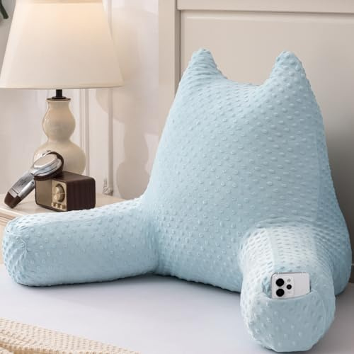 Baskbed Reading Pillow for Kids Sitting in Bed Couch Adult, Back Pillow for Bed Sitting Up, Back-Rest Support Cushion with Pockets and Arms, Watching TV, Relaxing, Reading, Light Blue