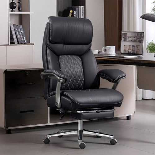 HDHNBA Silla de Oficina Grande y Alta - Silla ejecutive Extra Ancha de Cuero Lujoso con,Silla ergonómica de Servicio Pesado,sillas computadora de Respaldo Alto con Altura Ajustable(Negro)