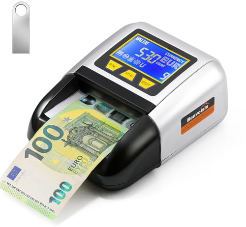 Bonvoisin Verificatore di Banconote, Rilevatore Falsi con UV/IR/MG, Portatile Testare con Funzione Valore Totale, Batteria Ricaricabile, 4 Orientamenti, Compatibile EUR/USD/GBP Ecc., Schermo LCD (A)