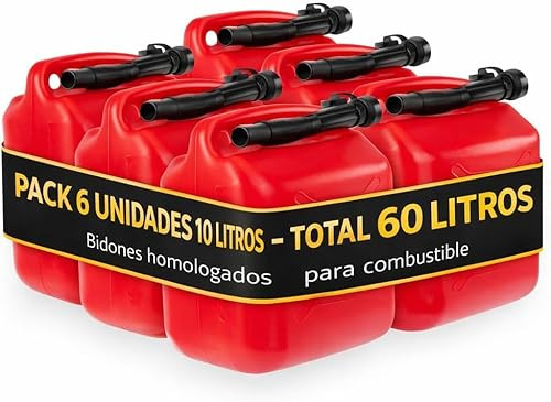 Humpti Jerrican Essence 10L Homologué Plastique avec Jauge de Niveau - Bidon Carburant Pack 6 Unités - Pour Essence Gasoil et Diesel, 60L Total