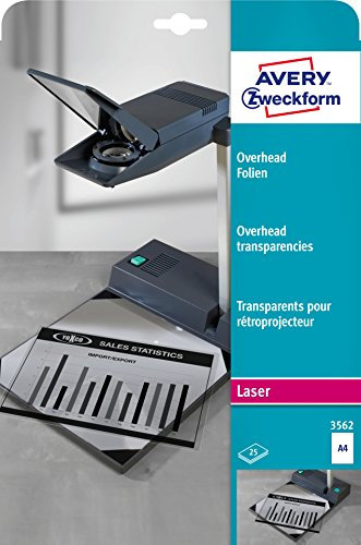 AVERY Zweckform 3562 Overhead-Folien für S/W Laserdrucker und -Kopierer (25 Transparentfolien, A4, spezialbeschichtet, stapelverarbeitbar, Folienstärke 0,10mm, lösemittelfrei)