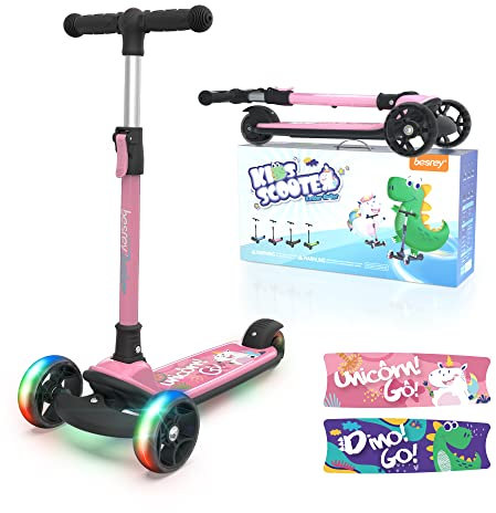 besrey Kinder Roller, Höhenverstellbarer Kinderscooter, Faltbarer Tretroller mit LED-Leuchträdern für Jungen & Mädchen von 2 bis 8 Jahren - Einhorn Rosa