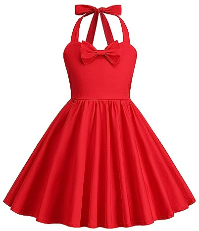 Odizli Girls' Dresses 40s 50s Vintage 1950s Rockabilly Kids Summer Sleeveless Halter Bowknot A-line Pleated Skater Swing Wedding Bridesmaid Birthday Party Evening Prom Flower Girl Dress Red 7-8 Years
