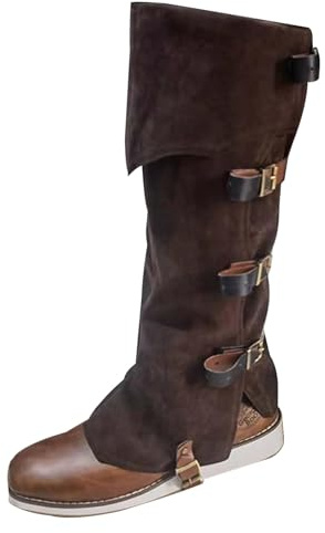 Pirate Boot Covers Medieval Renaissance Faux Leather Steampunk Boots Tops with Studs, Pirate Cosplay Halloween Boot Covers Costume Accessories for Men Women Brown