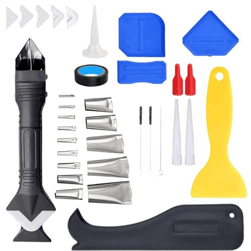 ieron Lot de 35 outils de finition de calfeutrage en silicone, 3 en 1, ensemble d'outils de mastic de jointoiement, grattoir de remplacement avec grattoir/dissolvant/buse en plastique