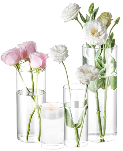 4 Pack Glass Cylinder Vases 4,6,8,10 Inch Tall Clear Flower Vase Hurricane Floating Candle Holder for Table Centerpiece Wedding Home Decor