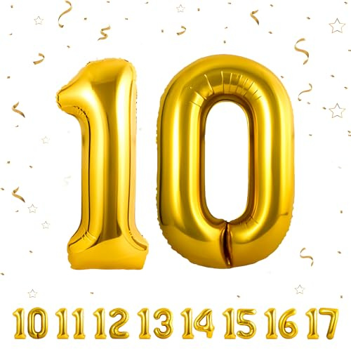 Ballons Anniversaire 10 Or - 100cm - Ballon Chiffre 10 Numéro 10 - Happy Birthday Decoration Ballons Fête d'anniversaire Ans Vole Grâce à l'Hèlium 10