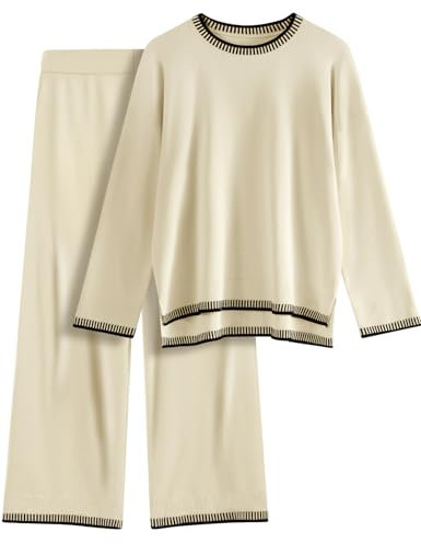 Xnova 2-delat stickat jumpsuitset för dam, loungewearbyxor med breda ben och långärmad tröja, träningsoveraller och byxor med resår i midjan för höst och vinter, Beige, L