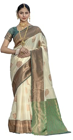 Jaanvi Donne Indiano Sari di Seta Banarasi con Zari e Blusa Non Cucita, Oro bianco, Etichettalia unica