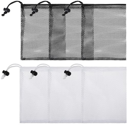 Bewudy Petits sacs en filet, lot de 6, petits sacs de rangement en filet avec cordon, sac en filets noir et blanc, sac à cordon pour voyage, jouets et cosmétiques (15 x 20 cm)