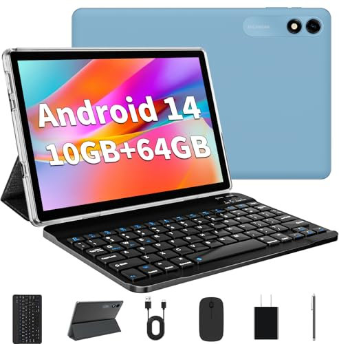 TUOHAITIME Android 14 Tablet 10 Zoll, 10GB RAM+64GB ROM/TF 1TB, WLAN,8-Core, WideVine L1, 1280 * 800, 6000mAh, 5MP+8MP, BT5.0, GMS Tablet PC mit Hülle Tastatur Maus Stift Netzstecker (Blau)