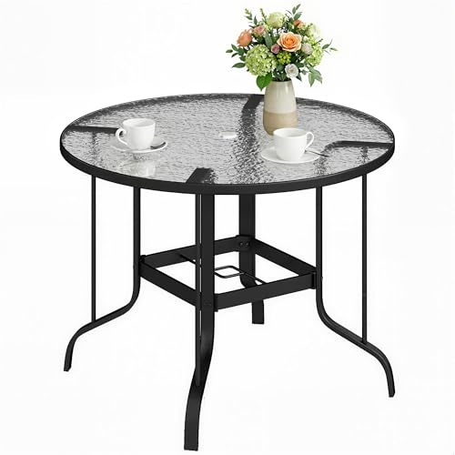 Outsunny Mesa de Jardín Exterior con Orificio para Sombrilla Mesa de Comedor Exterior con Encimera de Vidrio y Estructura Metálica para Patio Terraza Ø96,5x71 cm Negro