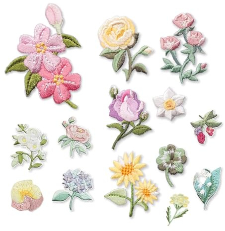 Flower Iron on Patches,14 PCS Floral Embroidery Iron-On Patches Set with Assorted Flower Designs Multi-Purpose Sew On Appliques for Repairing & Decorating Jeans Jackets Hats Bags & Backpacks