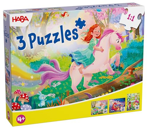 HABA Puzzles Zauberträume – 3er Set Kinderpuzzles mit echtem Glitzer-Effekt – Motive: Einhorn, Fee & Prinzessin – Ab 4 Jahren – 24, 35 & 48 Teile 2013401001
