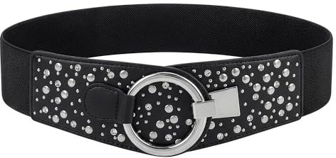 BlackButterfly Ceinture Femme Cloutée Anneau Strass | 6,5 cm de haut, Clous ronds et pierres, Crochet orientable, Port droit ou incliné, Dos élastique, Tailles S-XXL