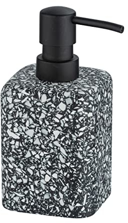 WENKO Distributeur savon liquide, Terrazzo à l'aspect de mosaïque, distributeur à pompe rechargeable pour le savon liquide, accessoire de salle de bain en polyrésine, 8x16x9.5 cm, noir/blanc