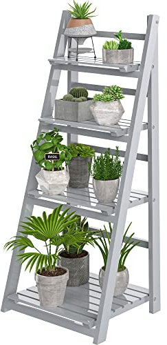 HOMIDEC Plant Stand, 4 Tier Wooden Ladder Shelf Foldable Display Flower Plant Stands, Free Installation Plant Stands Indoor Corner Storage Shelves Bookshelf for Garden Balcony Living Room, Grey