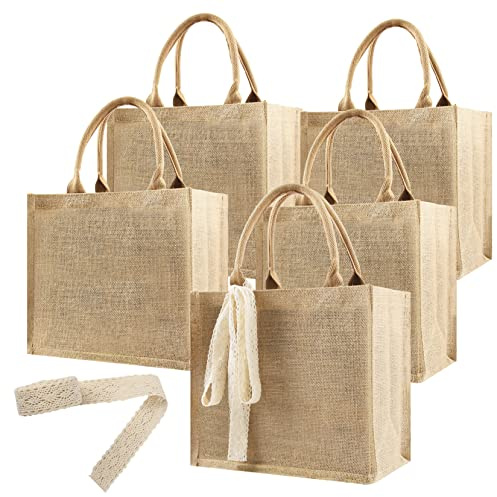 HEVMEVENI 5 Pack Burlap Tote Bags Bulk, Reusable Jute Tote Bag with 7Yd Ribbon Blank Burlap Gift Bag with Handle Waterproof Beach Tote Bag for Bachelorette Gift Bags 12.2''x10.6''x6.3''