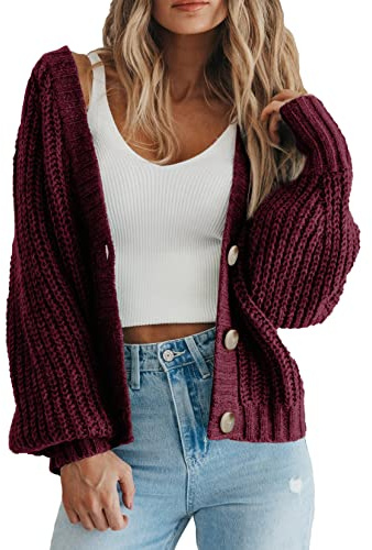 PRETTYGARDEN Women's Chunky Knit Open Front Sweater Long Sleeve Button Loose Short Cardigan Outerwear Coats (Wine Red,Large)