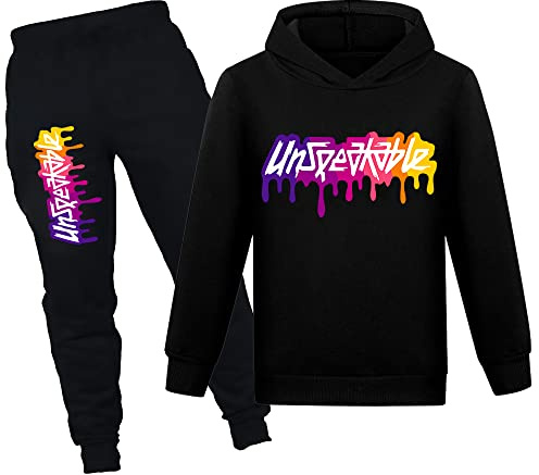 NILKOOZ Boys Tracksuit Letter Printed Hoodie and Pants 2pcs Kids Sweatshirt Clothing Set for 1-13 Years PH1342A-Black-160cm