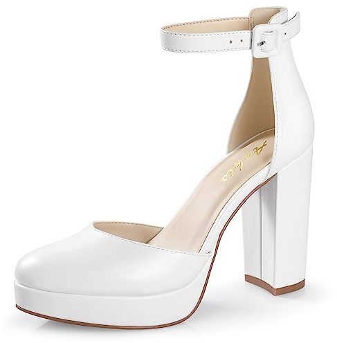 Ankis White Platform Closed Toe Heels for Women, Womens Heels Closed Round Toe Chunky Block Pumps Shoes, 4 Inch