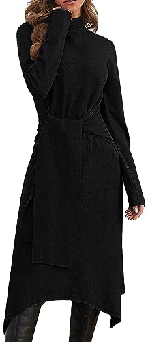 JayscreateEU Abito Donna Nero, Elegante, A Vita Alta, Collo Alto, Maniche Lunghe, Cintura, Abito Caldo A, Midi, Tinta Unita, Lana, Nylon, Rayon, Autunno-Inverno, Casual, Ufficio, Natale, S