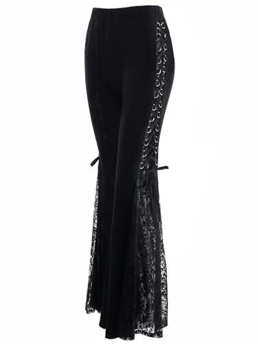 AYAZER Nouveau Pantalon évasé Gothique en Dentelle à Lacets Patchwork Pantalon Mince rétro Dentelle décontracté Pantalon évasé Femmes-Noir-L