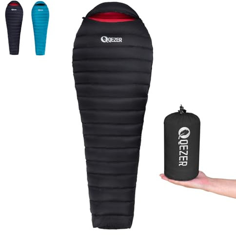 QEZER Daunenschlafsack für Erwachsene and Kind, leichte Winter Schlafsack Outdoor 8°C ~ -20°C für Camping und Bergsteigen mit 660 FP Duck Down (Schwarz, 500g Daune)