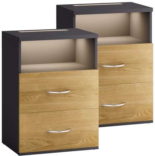 Casaria® Nachttisch 2er Set Touch LED Beleuchtung 40x28x55cm 2 Schubladen Boxspringbett Schlafzimmer Wohnzimmer Beistelltisch Nachtschrank Holz Anthrazit